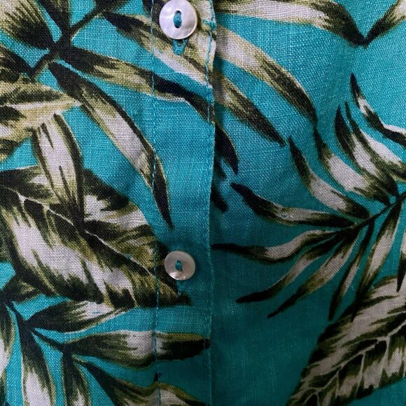 C & C CALIFORNIA Womens M 100% Linen Turquoise Button Up Shirt Tropical Leaves - Picture 6 of 8